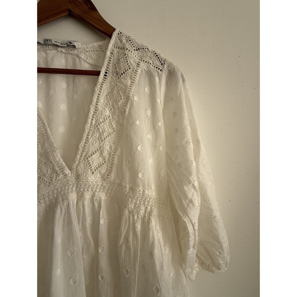 ✿ ZARA White Lace Swiss Dot Boho Midi Dress V-Neck Cotton Size M